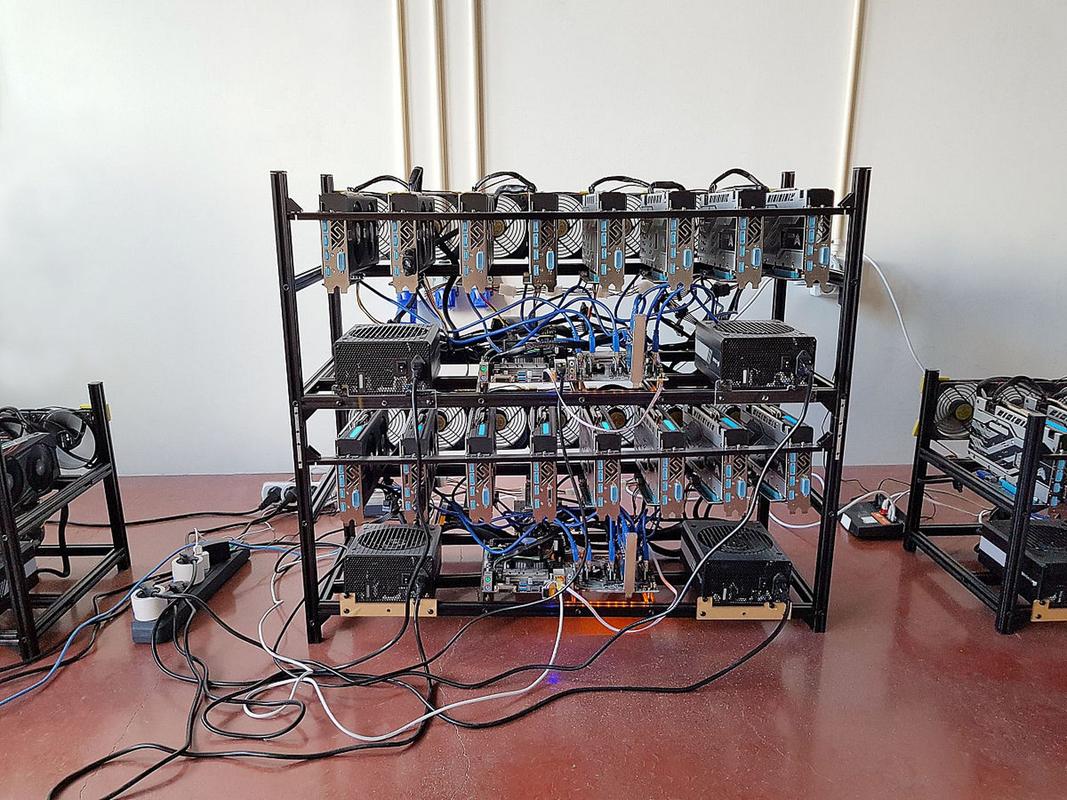 Close-up of a GPU mining rig with multiple graphics cards